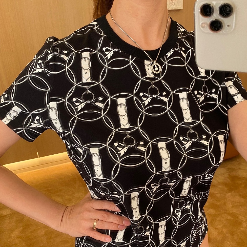 HERMES BLACK WHITE STRAIGHT T-SHIRT IN COTTON SIGNATURE PRINT SIZE 36